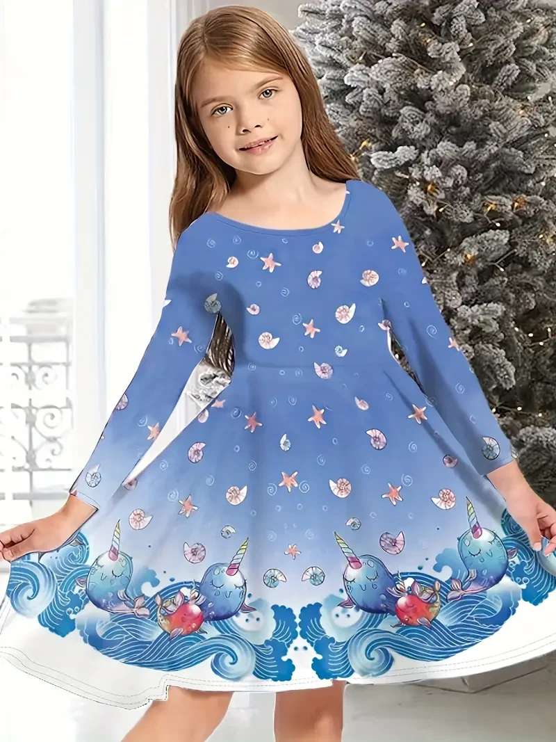 Girls Cartoon Reindeer Graphic Crew Neck Dresses Kids Gift Christmas Halloween