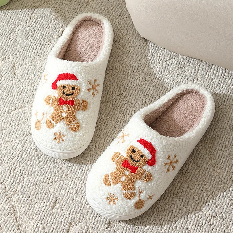 Shoe Size: 42-43, Color: Straw - Cute Gingerbread Winter Warm Christmas Women Slippers  Slides Couple Houseshoes Men Bedroom Flat Soft Sole Home Shoes for Gift