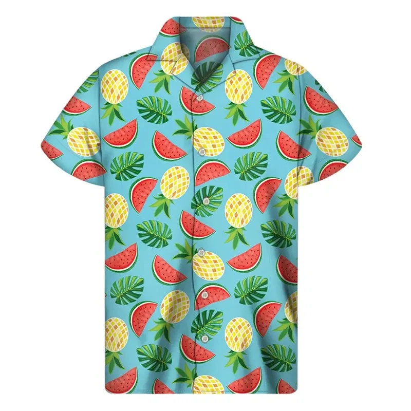 Color: Gold, Size: M - Tropical Watermelon Graphic Hawaiian Shirt Summer Street Short Sleeves 3d Printed Fruits Button Shirts Men Clothes Lapel Blouse