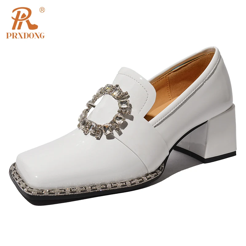 Color: Beige, Shoe Size: 34, Ships From: CHINA - PRXDONG New Arrivals Genuine Leather Spring Summer Women Pumps Square Med Heel Crystal Black White Dress Party Office Lady Shoes