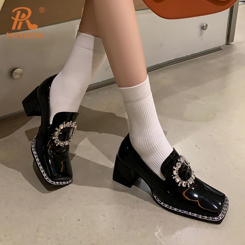 Color: Beige, Shoe Size: 34, Ships From: CHINA - PRXDONG New Arrivals Genuine Leather Spring Summer Women Pumps Square Med Heel Crystal Black White Dress Party Office Lady Shoes