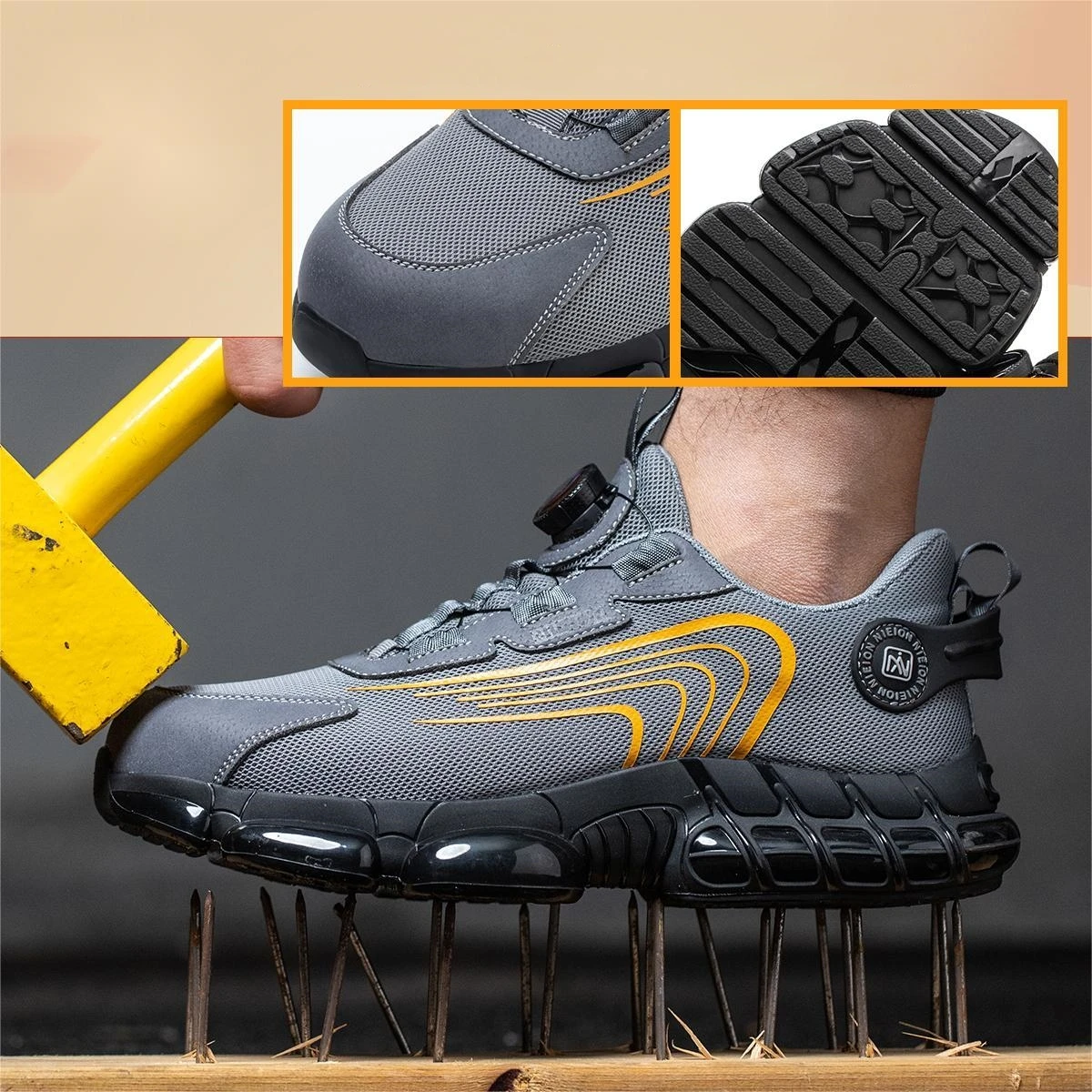 Size: 40, Color: GRAY - Rotary Buckle Work Sneakers Protective Shoes Safety Industrial Puncture-Proof Anti-smash Steel Toe Shoes