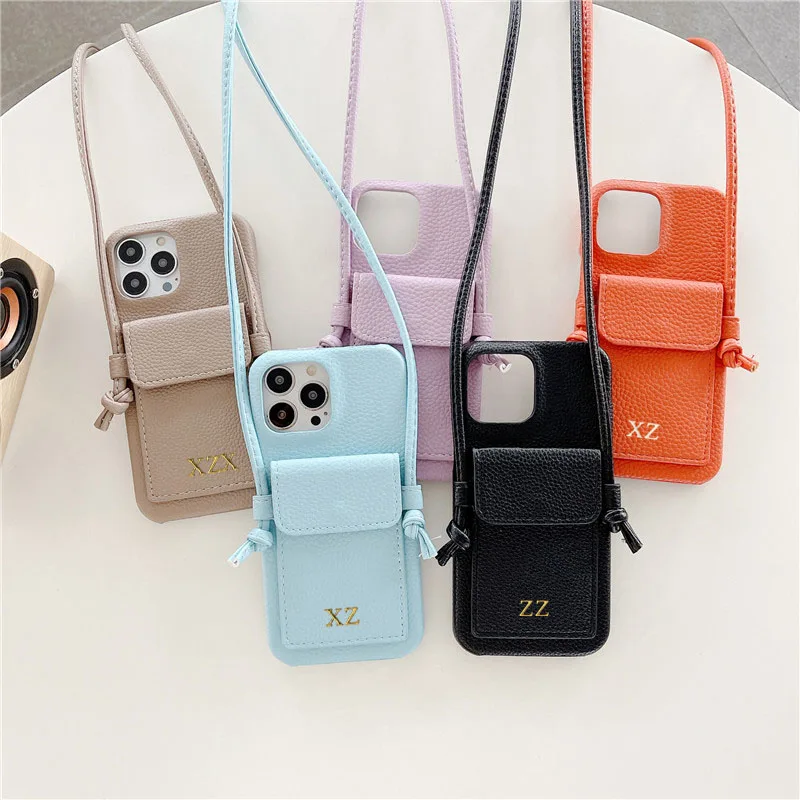 Color: black, Material: Neoprene - Personalized Gold Silver Letters Leather PU Card Holder Lanyard Hard Case For iPhone 14 13 12 11 15 Pro Max XS XR 16 Plus Cover