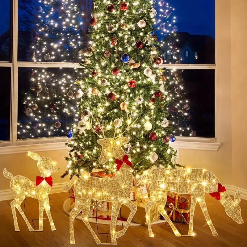 Enchanting White Crystal Reindeer Family Light-Up Decor - Battery Operated, Flashing Lights for Christmas & Halloween Outdoor Display