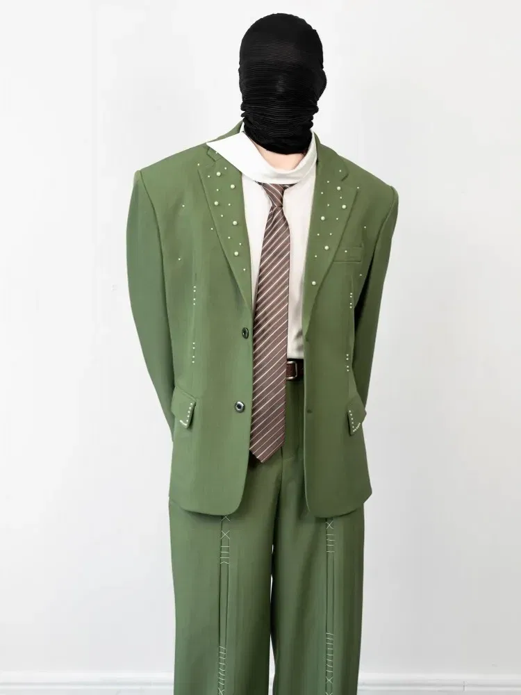 Color: Beige, Size: XXL - 2025 Hot Sale Mens Beads Design Spring Suits Casual Two Piece Set Loose Fit Fashion Match Set Outfit Hand Stitch Wide Leg Pants