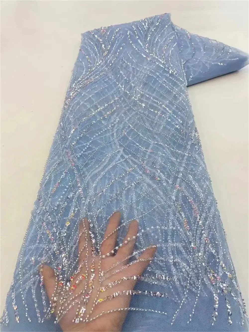 Color: BROWN, Length: 5 yards, Width: 120cm - Luxury African Sequins Beaded Lace Fabric 2025 High Quality Groom Nigerian Wedding Bridal Embroidery French Tulle Sewing