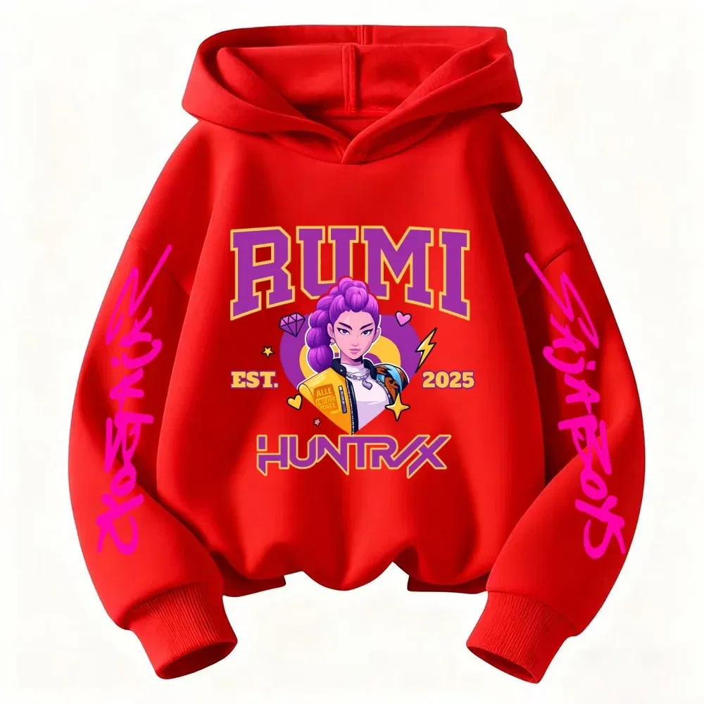 Color: Beige, Kid Size: 4 - 2025 KPop Devil Hunter Cartoon Girl Boy Hooded Sweatshirt Kawaii Children's Korean Wave Casual Fashion Top