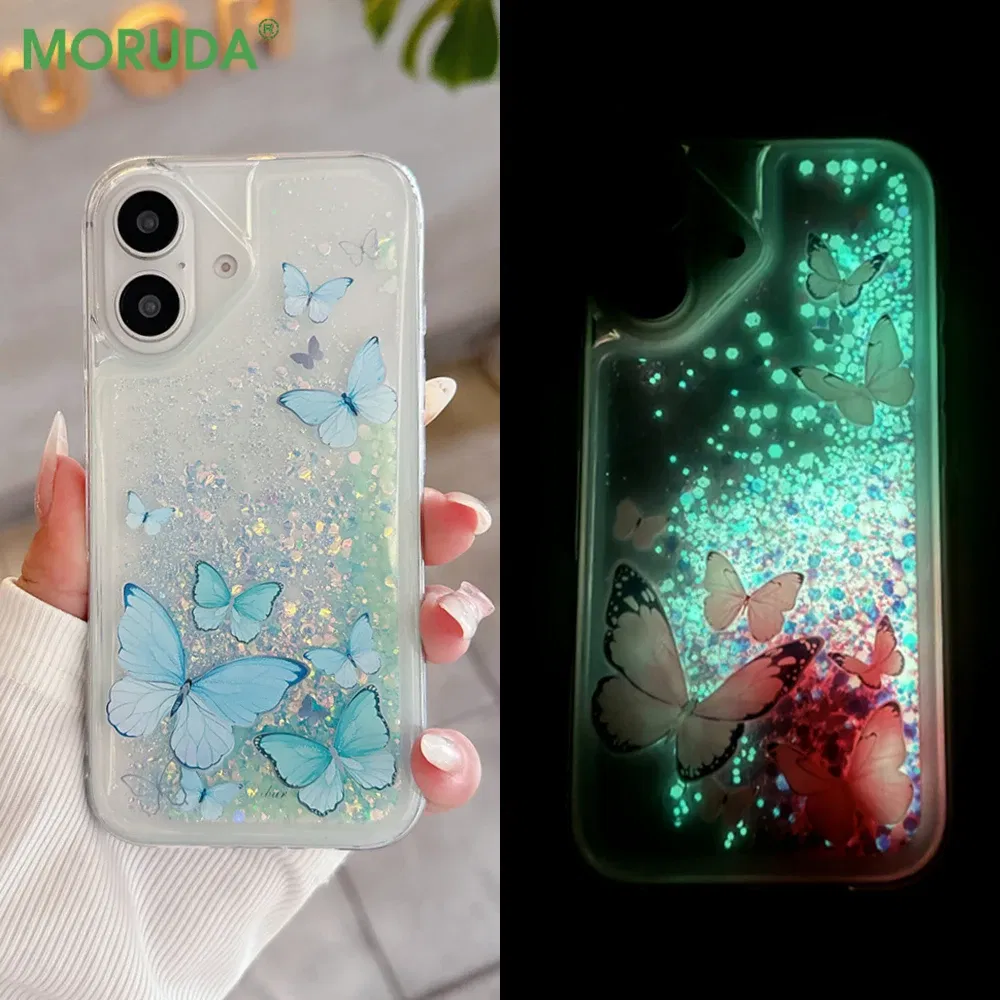 Color: Pink, Material: Microfiber - Luminous Quicksand Glitter Butterfly Case for iPhone 16 15 14 Pro Max Plus 13 12 Mini 11 X Xs XR Soft Silicone Bling Shiny Cover