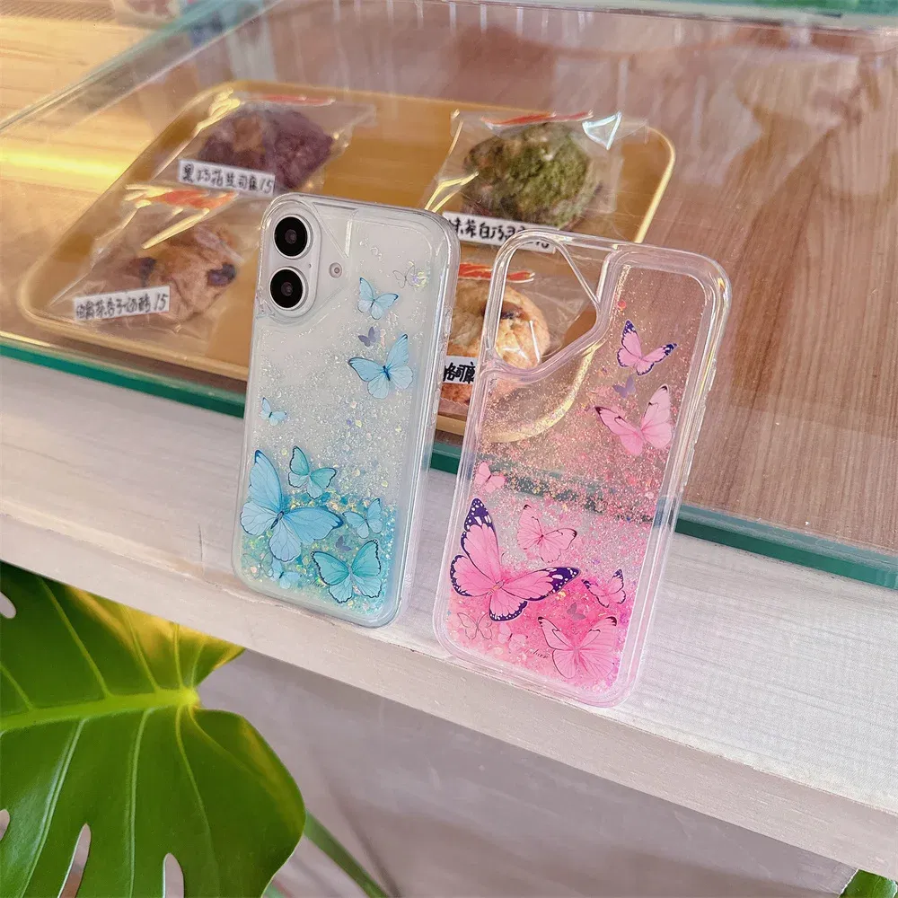 Color: Pink, Material: Microfiber - Luminous Quicksand Glitter Butterfly Case for iPhone 16 15 14 Pro Max Plus 13 12 Mini 11 X Xs XR Soft Silicone Bling Shiny Cover