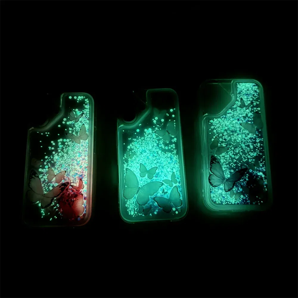 Color: Pink, Material: Microfiber - Luminous Quicksand Glitter Butterfly Case for iPhone 16 15 14 Pro Max Plus 13 12 Mini 11 X Xs XR Soft Silicone Bling Shiny Cover