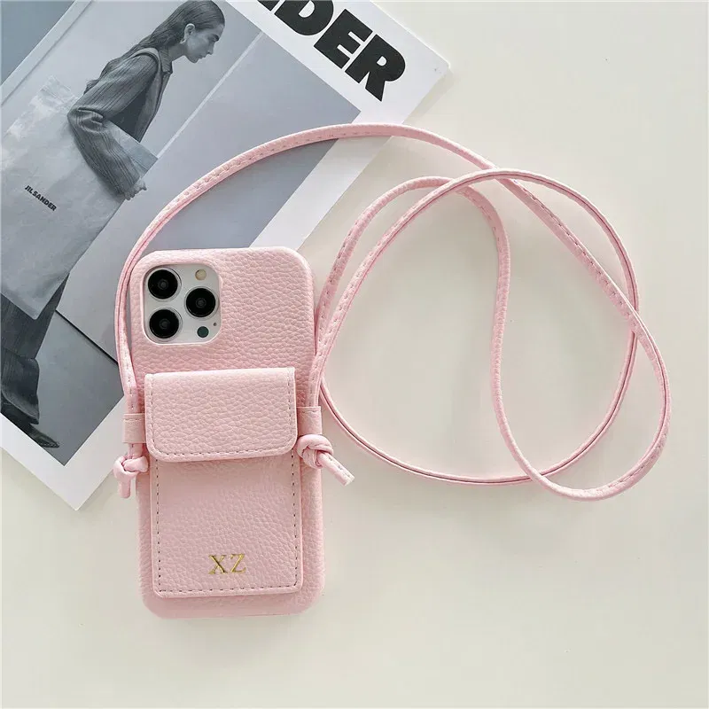 Color: pink, Material: POLYESTER - Personalized Gold Silver Letters Leather PU Card Holder Lanyard Hard Case For iPhone 14 13 12 11 15 Pro Max XS XR 16 Plus Cover