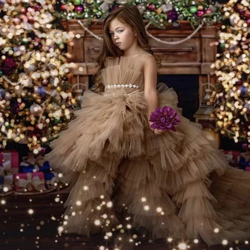 Kid Size: 5, Color: Coffee - Baby Girls Princess Dress Sleeveless High Waist Children Mesh Tutu Dresses Girls Birthday Party Clothing Kids Wedding Dress New