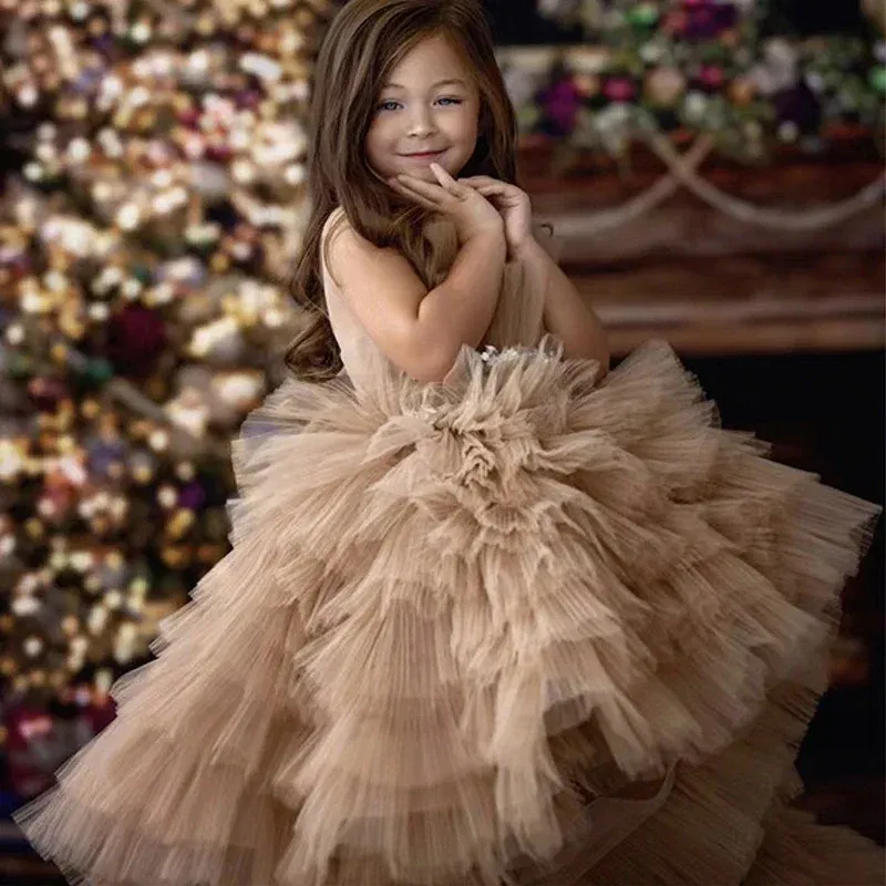 Kid Size: 5, Color: Coffee - Baby Girls Princess Dress Sleeveless High Waist Children Mesh Tutu Dresses Girls Birthday Party Clothing Kids Wedding Dress New