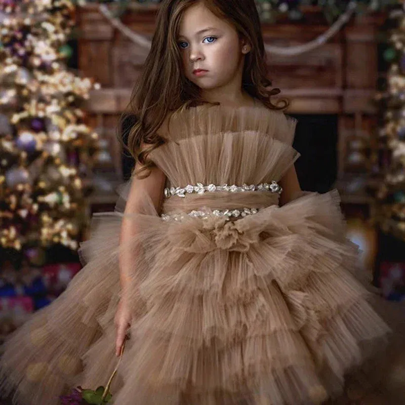 Kid Size: 5, Color: Coffee - Baby Girls Princess Dress Sleeveless High Waist Children Mesh Tutu Dresses Girls Birthday Party Clothing Kids Wedding Dress New