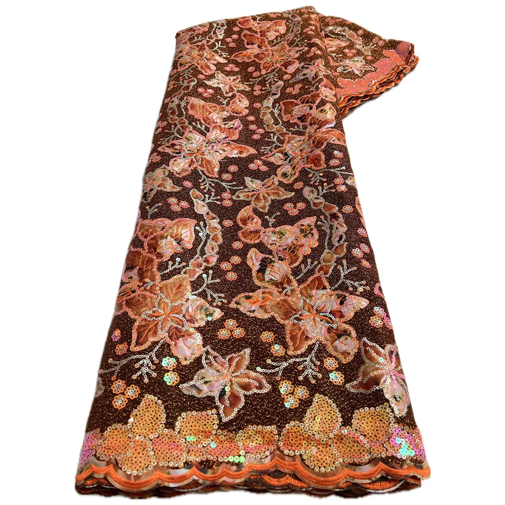 Color: Apricot, Length: 5 yards, Width: 120cm - 2025 African Nigerian Tulle Lace Fabric Sequins Sewing Guipure Beads Stone Embroidery Dresses High Quality 4 Yards