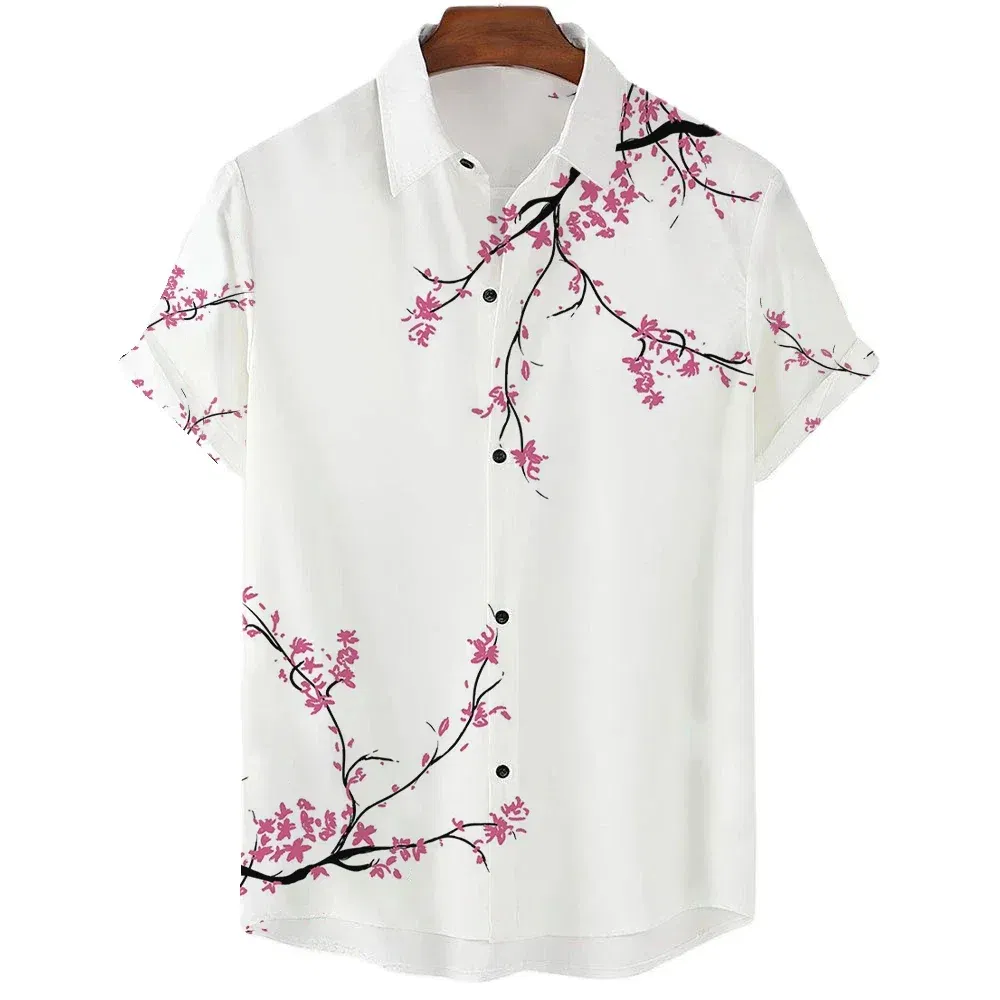 Color: Mint, Size: XL - Fashionable Luxury Social men's Shirt Lapel button-down Shirt Casual Japanese Aesthetic Cherry Blossom Print short-sleeved Tops