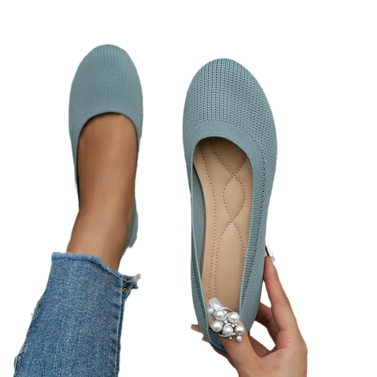 Color: Khaki, Shoe Size: 41 - Elastic Knitting Flats Slip on Shoes for Women 2024 Summer Breathable Soft Loafers Woman Lightweight Casual Shoes Mom Moccasins