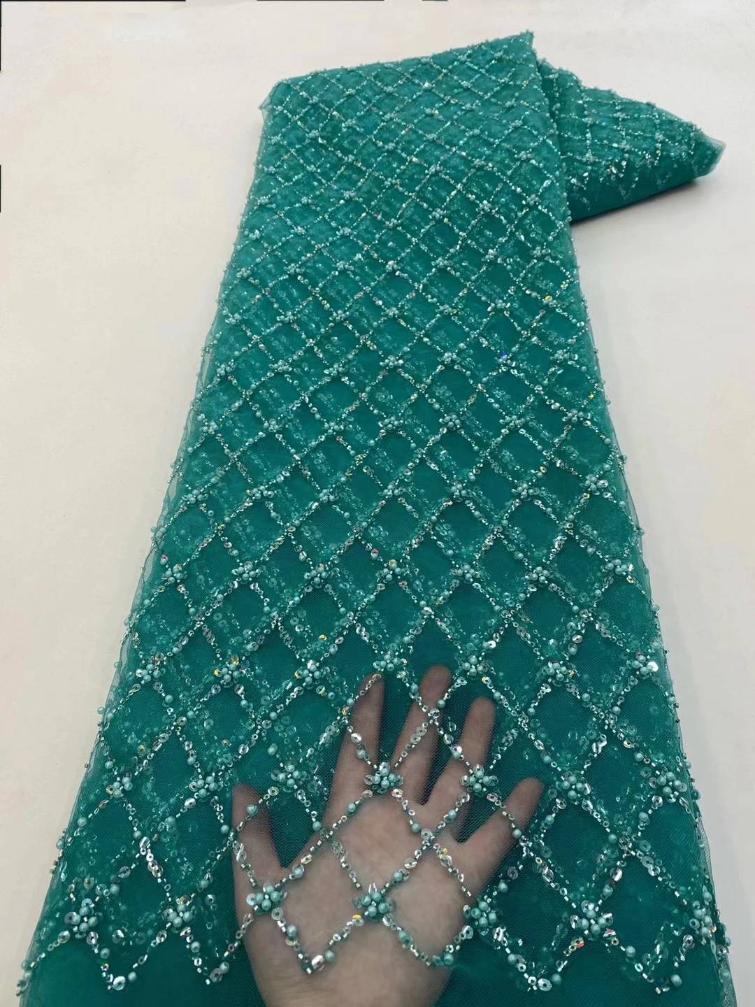 Color: green, length: 5 yards, Width: 120cm - African Lace Fabric 2024 French Beaded Lace Fabric Nigerian Sequins Embroidery Net Lace Fabrics For Bridal Party Dresses
