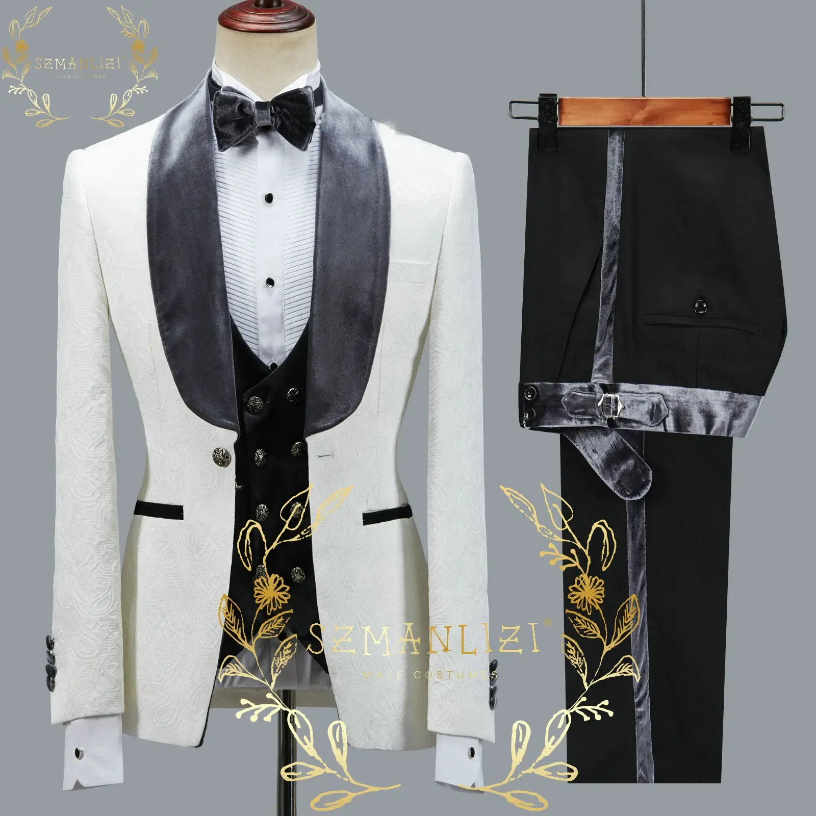Color: Brown, Size: M - SZMANLIZI 2022 Latest Designs Black Floral Party Blazer Men Suits Costume Homme Groom Tuxedos Wedding Terno Masculino 3 Pieces