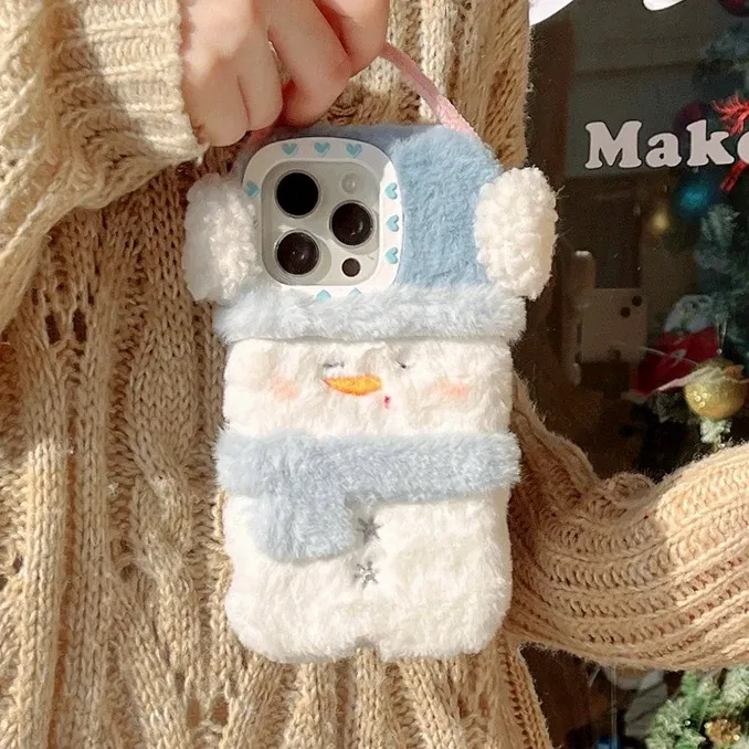 Color: Beige, Material: PE - Cute Cartoon Furry Snowman Case for iPhone 16 15 14 Pro Max 12 13 11 16Pro Plush Winter Warm Love Heart Soft Shockproof Cover