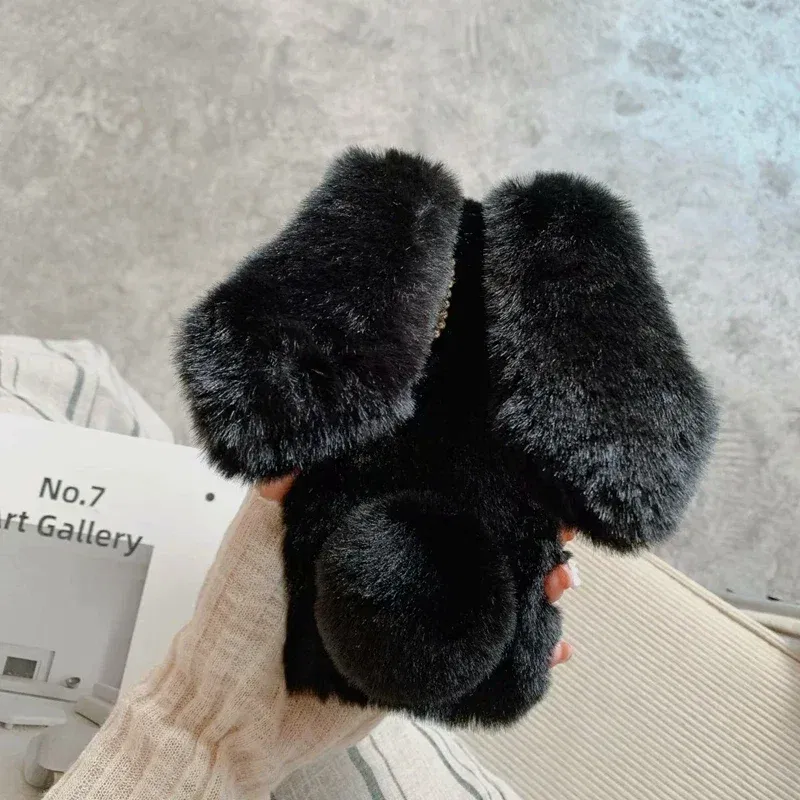 Color: PURPLE, Material: Wood - Warm Plush Rabbit Fluffy fur Cover for Samsung A15 A25 A35 A55 A14 A24 A34 A54 A13 A23 A33 A53 A12 A22 A32 A52 A51 Phone Case