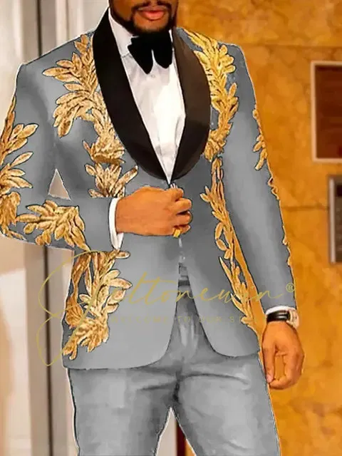 Color: GRAY, Size: XXL - Luxury Groom Wedding Tuxedos Gold Sequins Appliques Black Men Suits Slim Fit Costume Homme Marriage Prom Suits
