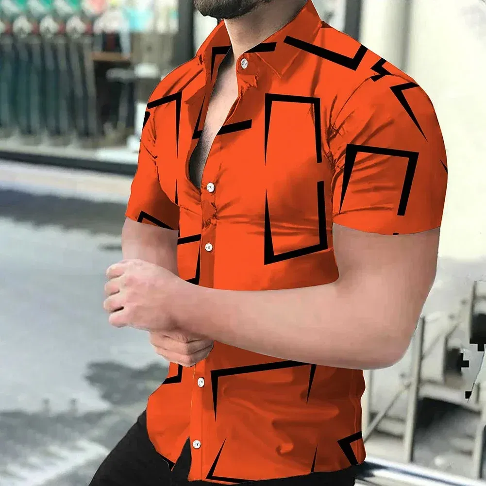 Color: Gold, Size: S - 3D Men's Striped Printed Short Sleeve Shirt, Fashionable And Casual Loose Shirt, 2023 New Style.