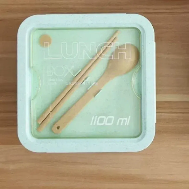 Color: Silver - 850/1100ML wheat straw lunch box bento box Microwave oven Students with lid canteen simple lunch box rectangular portable