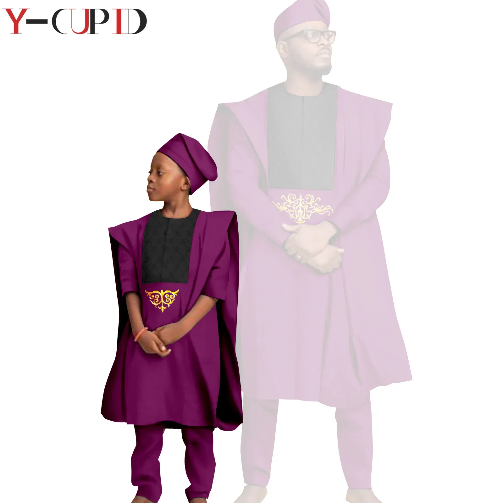 Color: Brown, Size: S - African Clothes for Men Top Pants Robes Hat Sets Match Kid Boy Sets Dashiki Father and Son Bazin Riche Family Outfits Y20F001