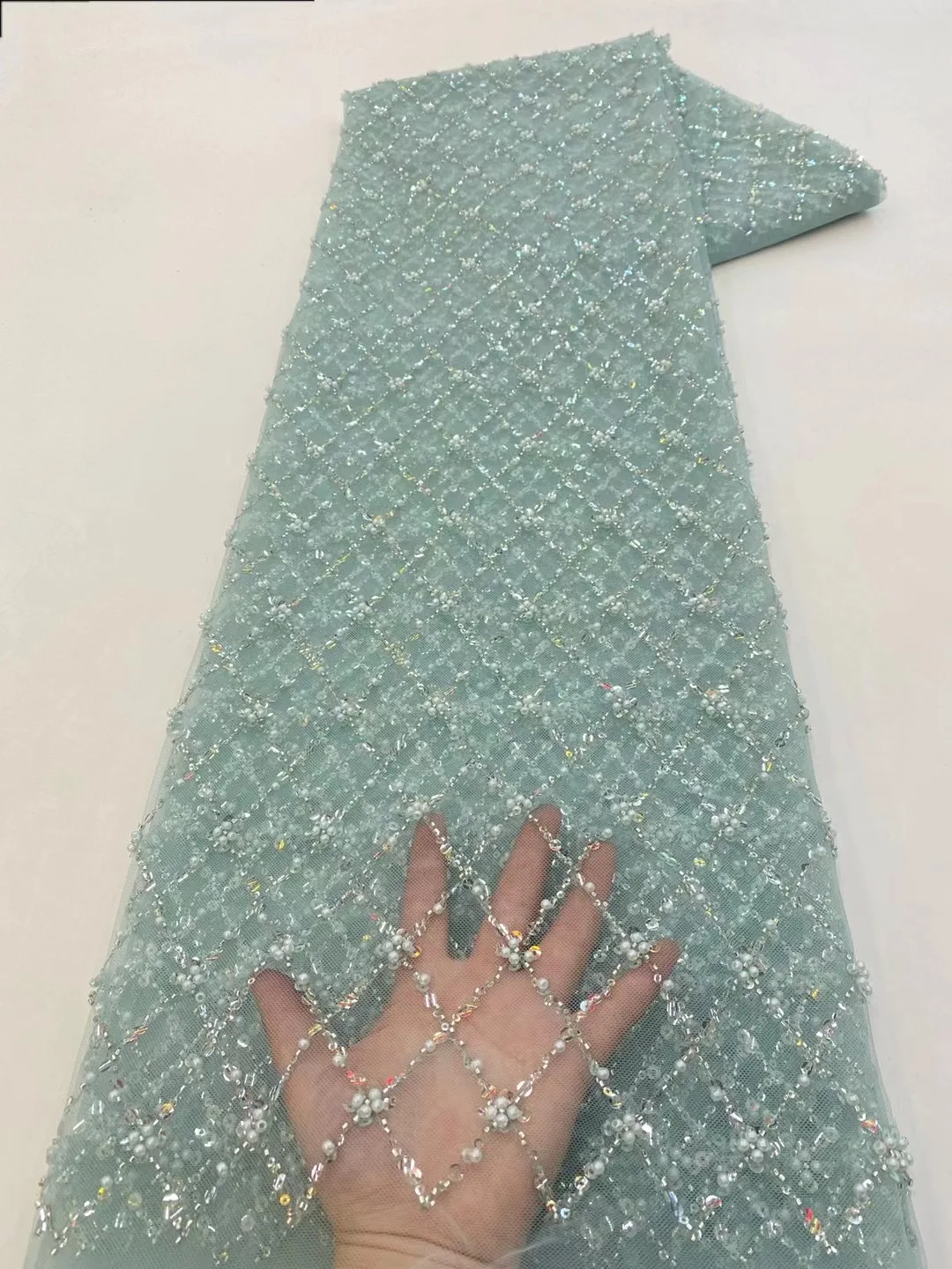 Color: Pink, length: 5 yards, Width: 120cm - African Lace Fabric 2024 French Beaded Lace Fabric Nigerian Sequins Embroidery Net Lace Fabrics For Bridal Party Dresses