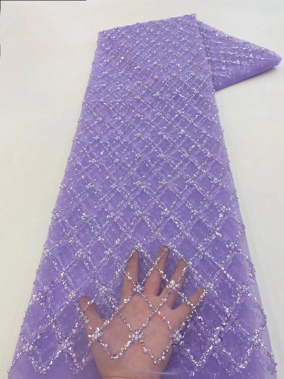 Color: Pink, length: 5 yards, Width: 120cm - African Lace Fabric 2024 French Beaded Lace Fabric Nigerian Sequins Embroidery Net Lace Fabrics For Bridal Party Dresses