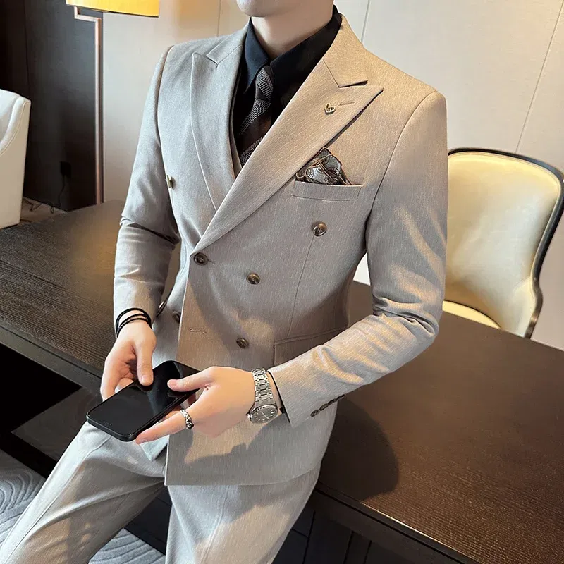 Color: Beige, Size: 5XL - 2025 Men's Double Breasted 3/2 Piece Business Casual Wedding Dress Suit with  Trousers Regular Fit Bridegroom High Sense