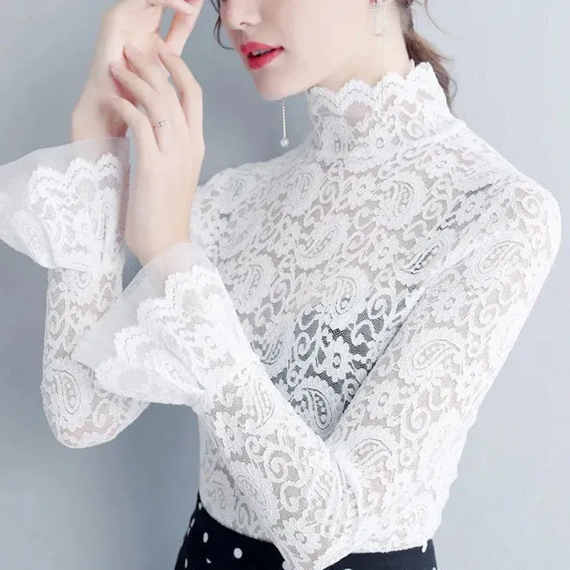 Color: WHITE, Size: S - Sexy Transparent Long Sleeve Top Women 2025 Fashion Autumn Winter Basic Lace Blouses White Black Hollow Blusas Mujer Oversized