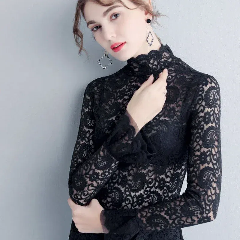 Color: WHITE, Size: S - Sexy Transparent Long Sleeve Top Women 2025 Fashion Autumn Winter Basic Lace Blouses White Black Hollow Blusas Mujer Oversized