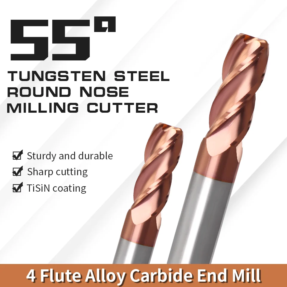 Cutting Edge Diameter: 0.9mm, Dimensions: 3.175*2.5*12 - AUGT HRC55 Carbide Bull Nose End Mill 4Flutes Copper Milling Cutter Alloy Coating Tungsten Steel Cutting Tool For CNC Maching