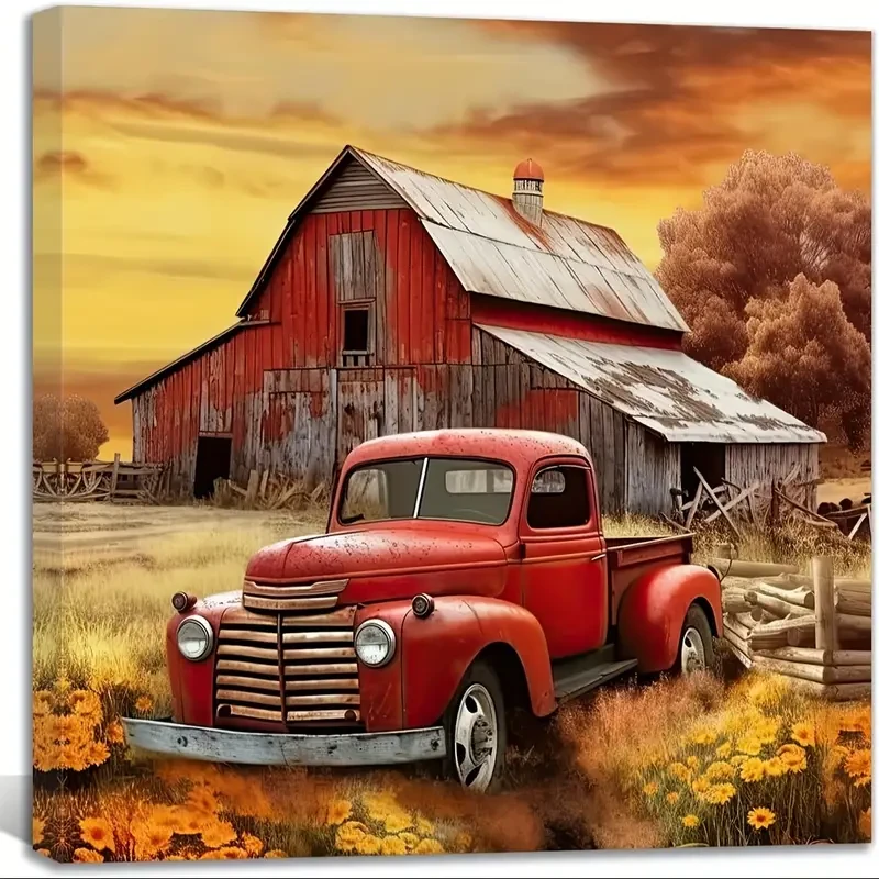 Rustic Red Truck Canvas Art Print 30.48x30.48cm