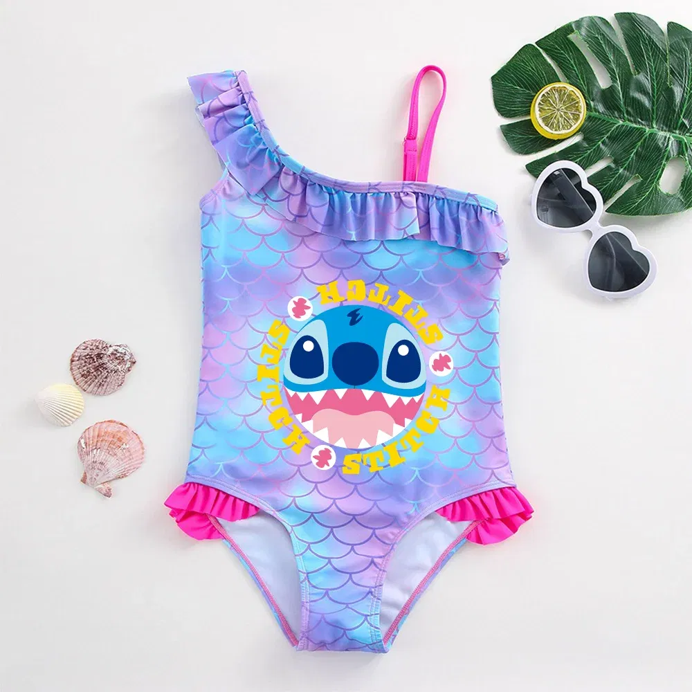 Color: APRICOT, Size: M - Stitch Girls Swimsuit Fashion Mermaid Fish Scale One-Piece Bathing Suits Children's Dresses Summer Swimwear Beach Suit Kids Wear