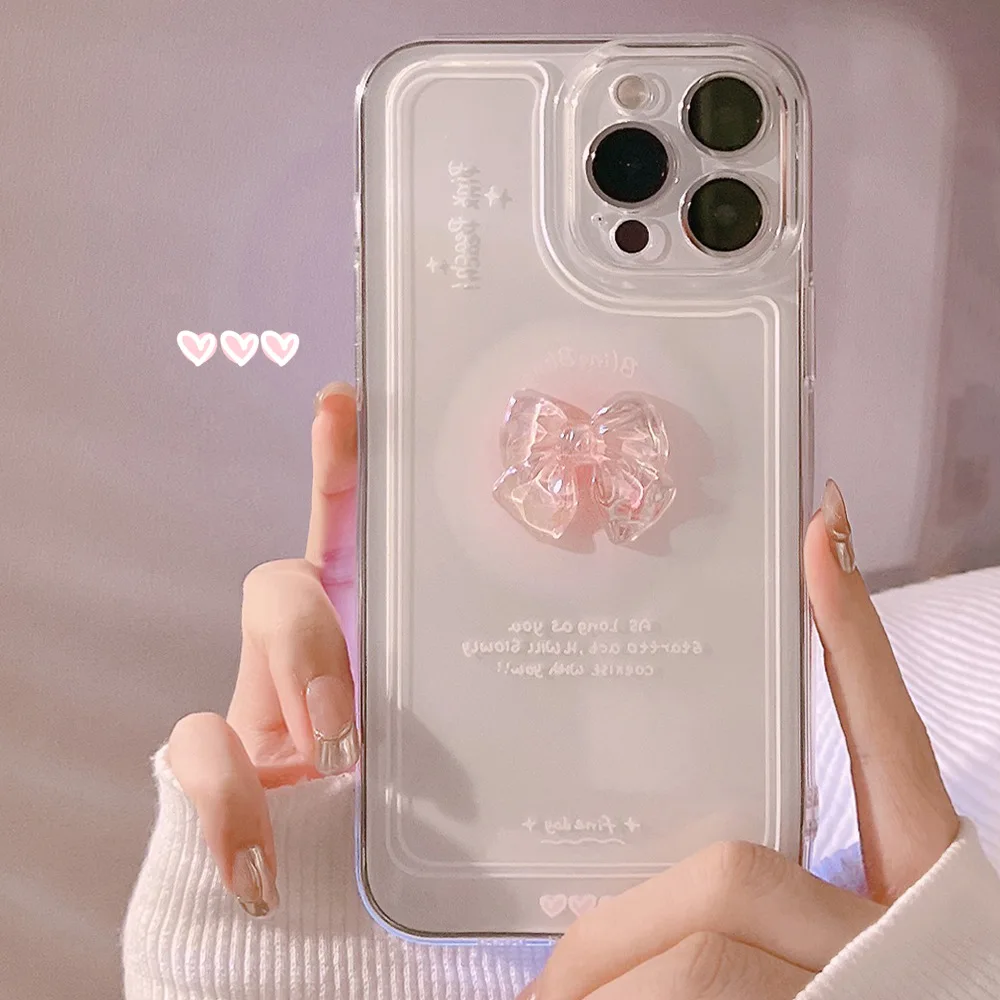 Material: PU, Color: WHITE - NEW 3D Bow Transparent Mobile Phone Case For IPhone 15 14 Plus 13 Pro Max 12 Pro 11 Stereo Crystal Candy Cute Full Soft Cover