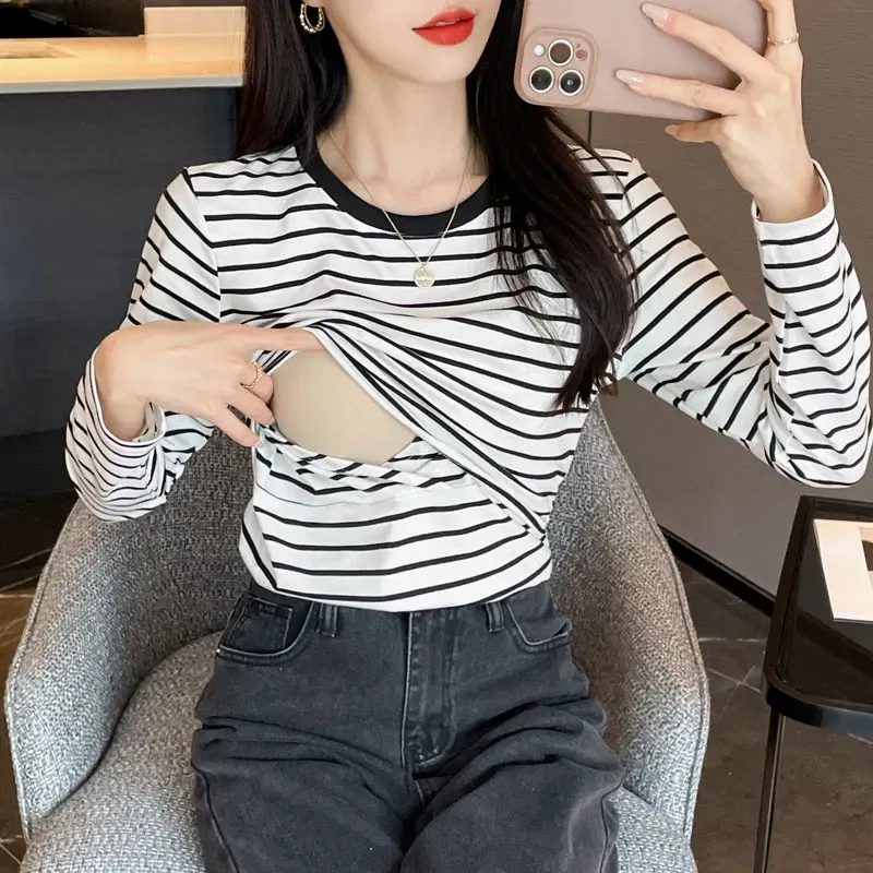 Color: black, Maternity Size: XL - Striped Cotton Maternity Nursing Tees Casual Long Sleeve Breastfeeding T Shirts For Pregnant Women After Delivery Lacation Tops