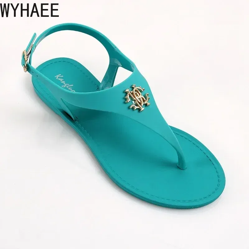 Color: Blue, Shoe Size: 39 - 2023 New Summer Women's Sandals Fashion Open Toe Jelly Flip Flops Non-slip Buckle Flat Sandals All-match Women's Sandals