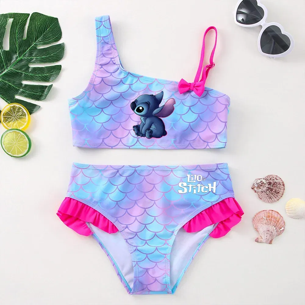 Color: DEEP BLUE, Size: M - Lilo Stitch Girls Swimsuit One-Piece Bathing Suits Children's Dresses Summer Swimwear Beach Suit Kids Wear Fashion Mermaid Fish