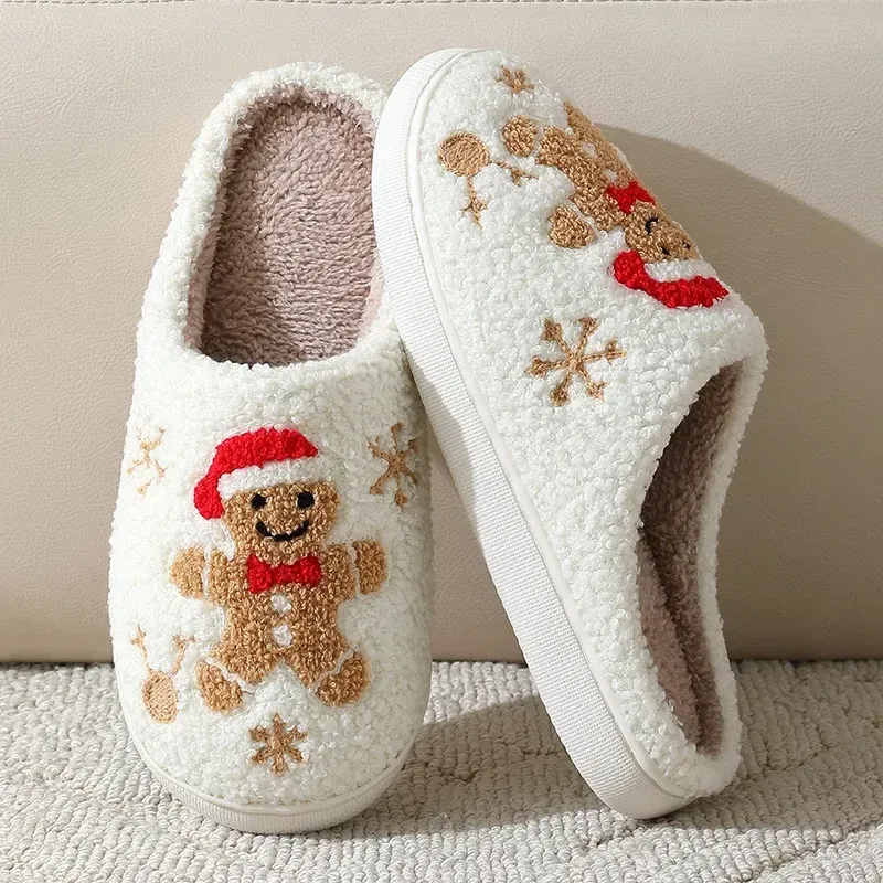 Shoe Size: 42-43, Color: Red - Cute Gingerbread Winter Warm Christmas Women Slippers  Slides Couple Houseshoes Men Bedroom Flat Soft Sole Home Shoes for Gift