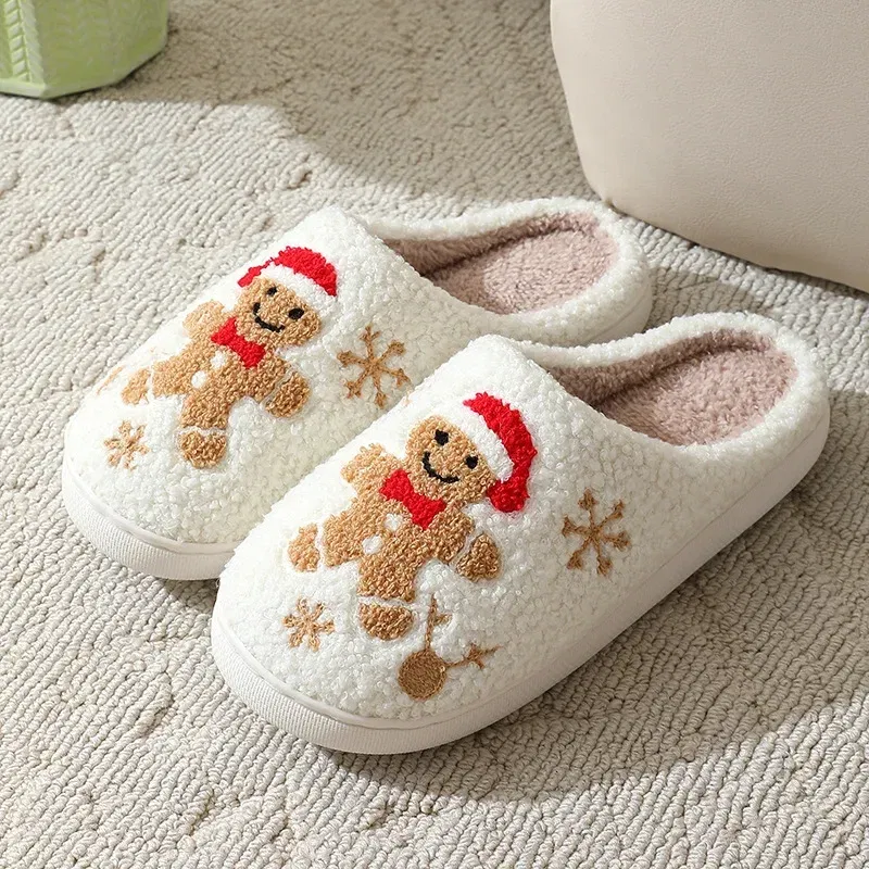 Shoe Size: 42-43, Color: Red - Cute Gingerbread Winter Warm Christmas Women Slippers  Slides Couple Houseshoes Men Bedroom Flat Soft Sole Home Shoes for Gift