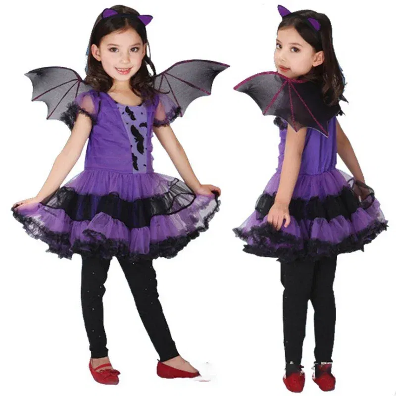 Kid Size: 18, Color: Blue - Halloween Children Purple Vampire Costume Girls Dress Kids Clothes Baby Bat Spider Party Cosplay Headband +Wing Outfit