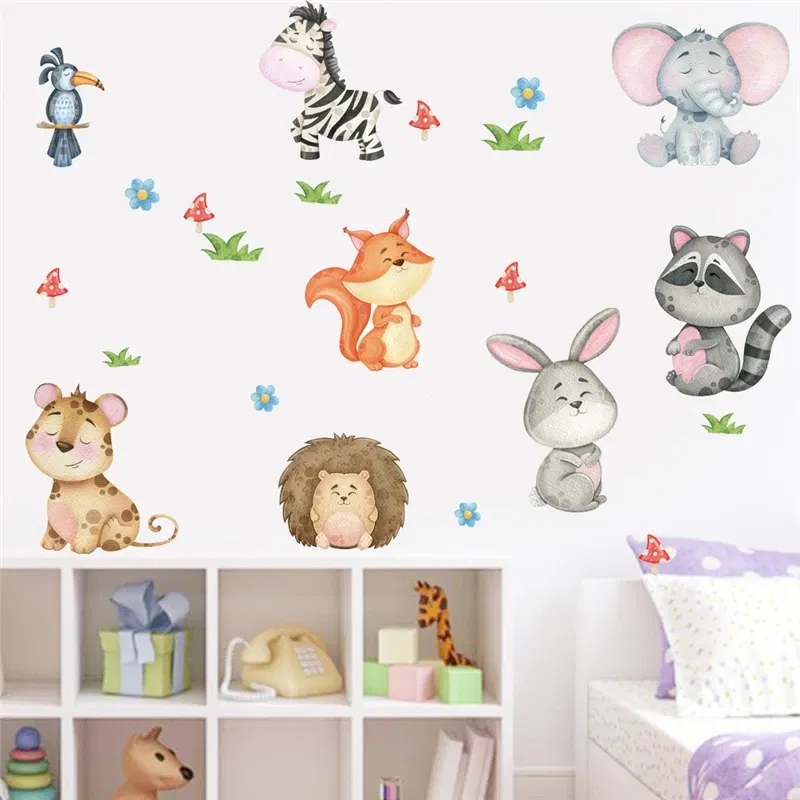 Color: army green - Funny Animals Bird Swinging Wall Stickers Kids Room Decoration Diy Cartoon Monkey Giraffe Lion Mural Art Pvc Posters Home Decals