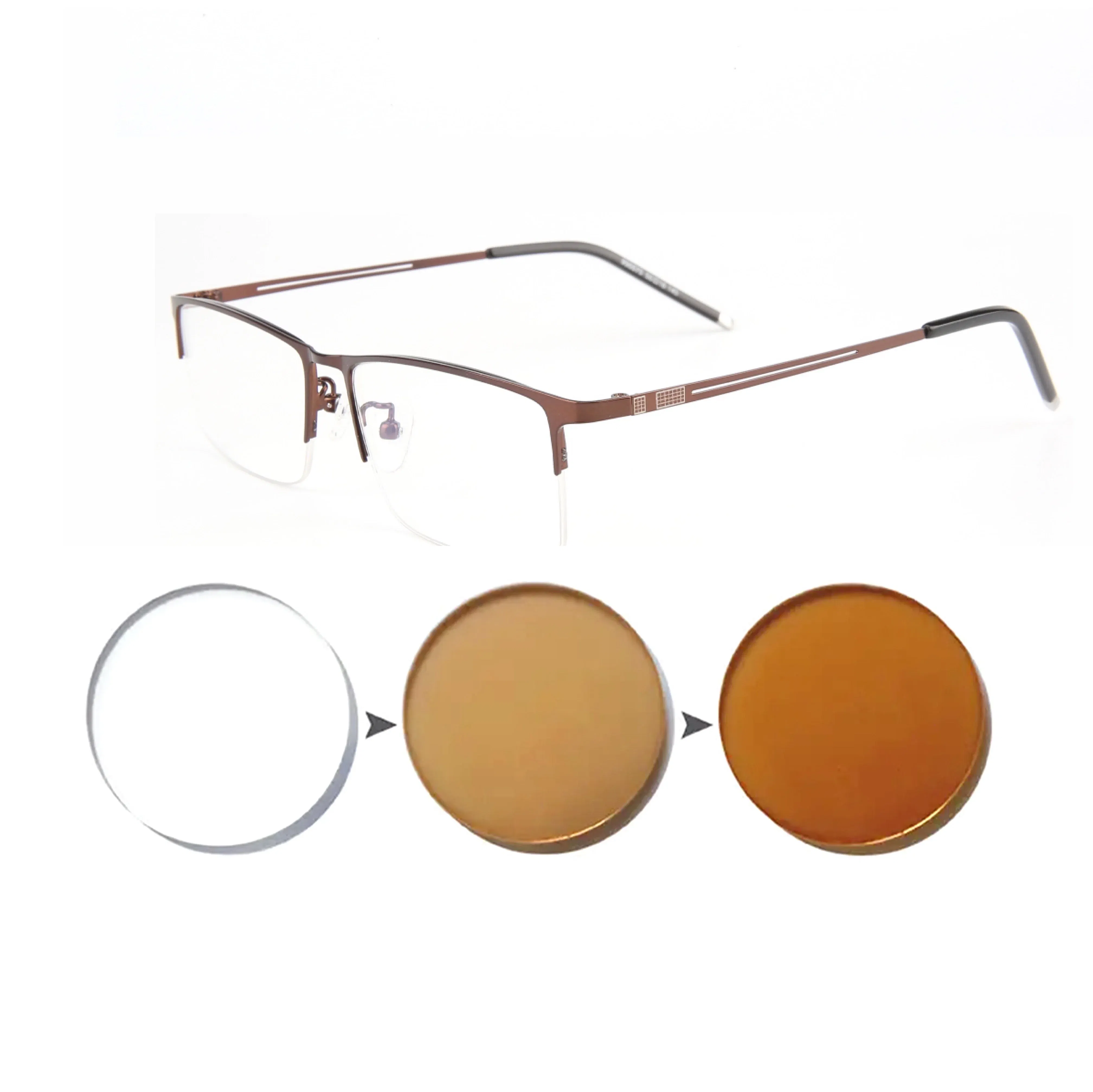 Frame Color: Yellow, Eye Prescription: +350 - Sun Photochromic Finished Myopia Glasses Women Men Metal Half Frame Chameleon Short-sight Eyewear0 -0.5 -0.75 -1.0  To -6.0