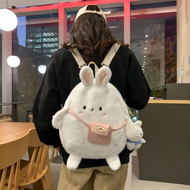Color: Blue - 2024 New Cartoon Plush Rabbit Backpack Girl Cute Large Capacity Soft Bag Leisure Plush Book Bag Solid Color Crossbody Bag