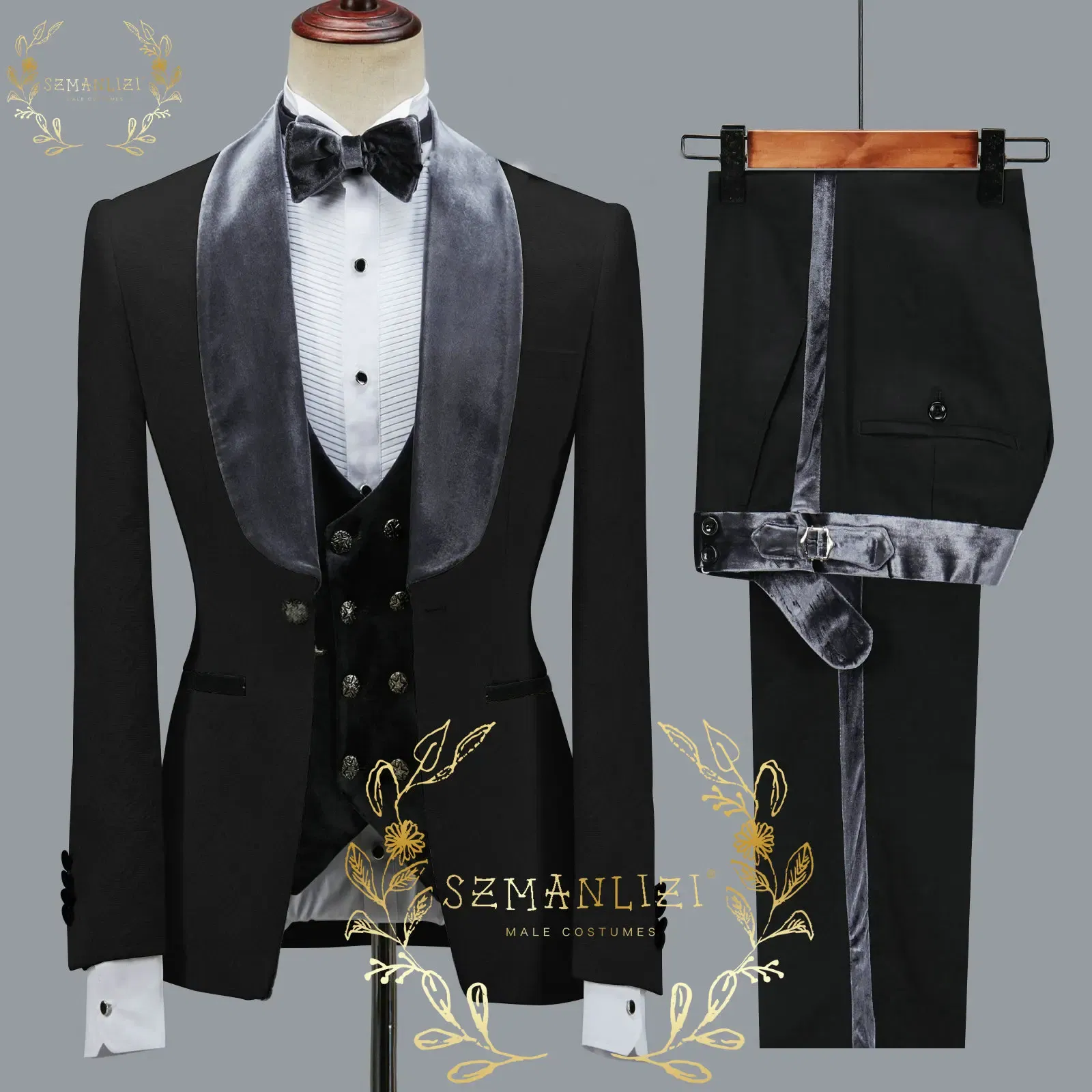Color: Gold, Size: XXXL - SZMANLIZI 2022 Latest Designs Black Floral Party Blazer Men Suits Costume Homme Groom Tuxedos Wedding Terno Masculino 3 Pieces