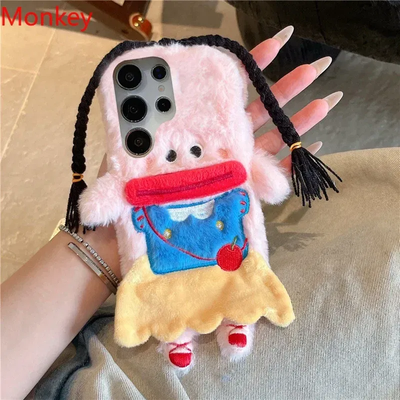 Material: Nylon, Color: Beige - 3D Cartoon Braided Girl Silicone Phone Cases For Google Pixel 9 Pro XL 8 5G 7 6 8A 7A 6A Cute Warm Fur Sausage Mouth Cover Gift