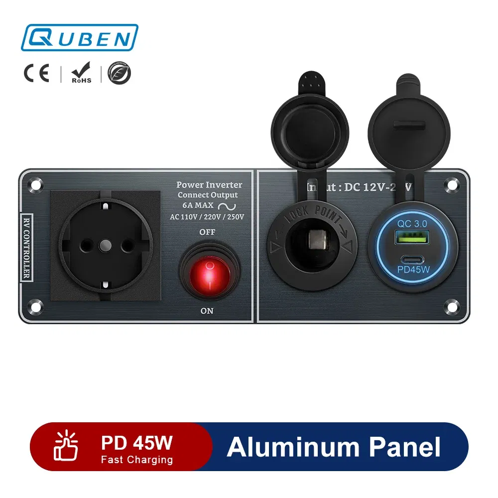 Color Name: PURPLE, Ships From: CHINA - Car Charger Multi-Functions Aluminum Panel Inverter AC110V 220V Dual Port USB QC3.0 12V 24V for RV Yacht Travel Trailers